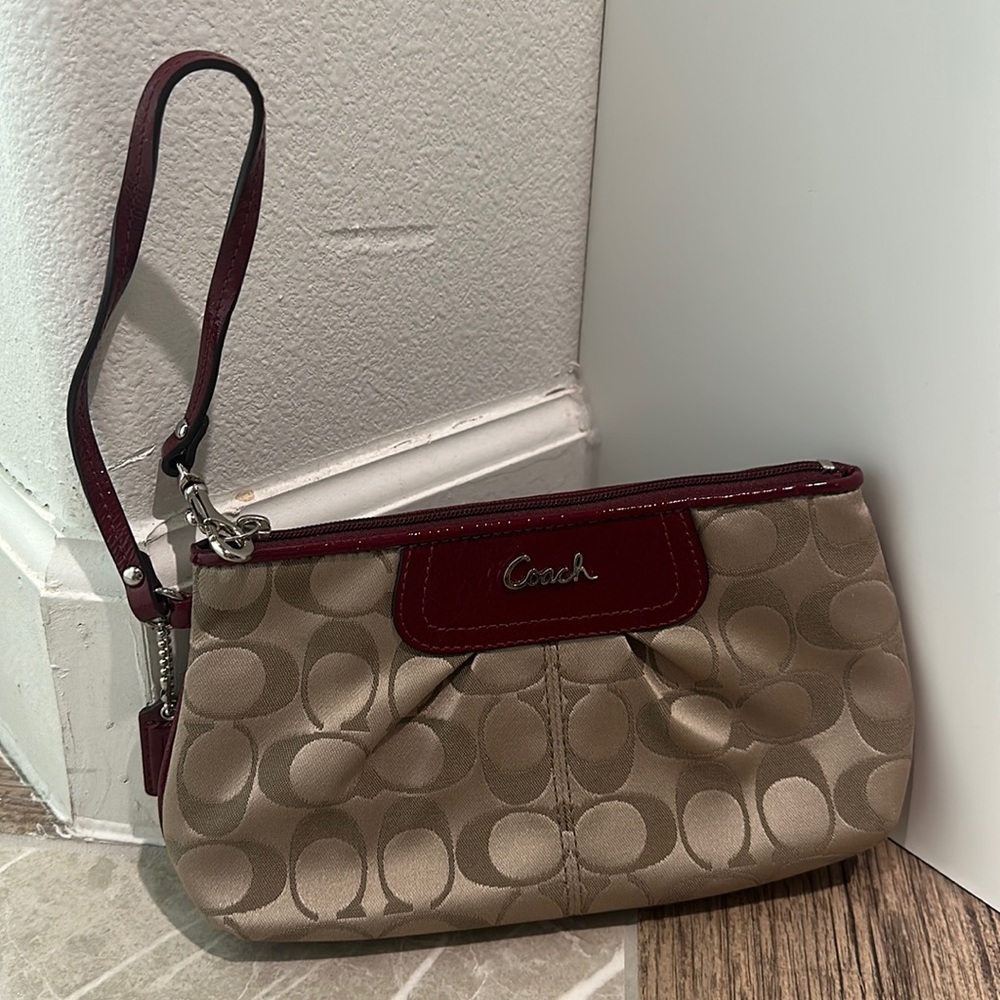 COACH Logo Wristlet Tan Beige Signature Fabric